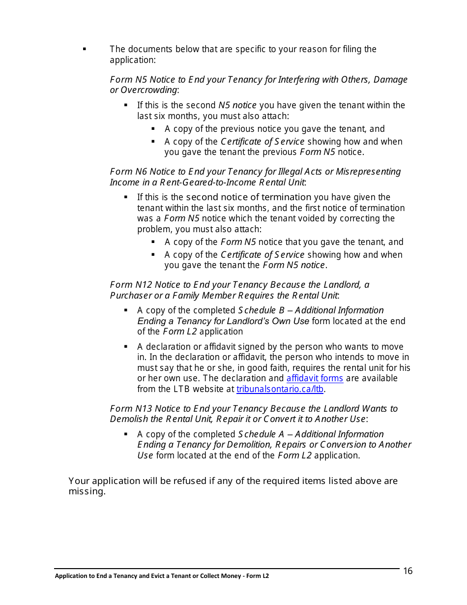 Instructions for Form L2 Application to End a Tenancy and Evict a Tenant or Collect Money - Ontario, Canada, Page 17