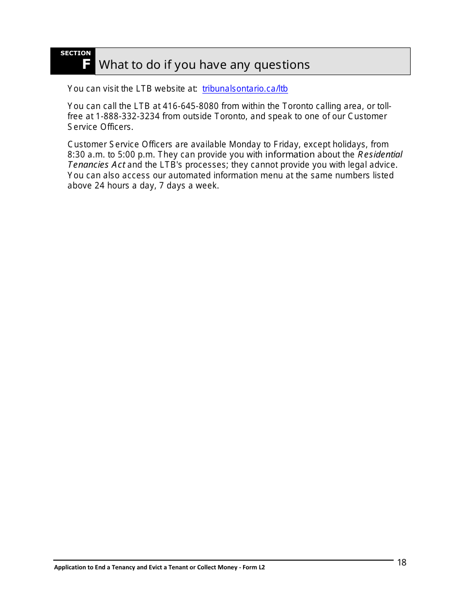 Instructions for Form L2 Application to End a Tenancy and Evict a Tenant or Collect Money - Ontario, Canada, Page 19