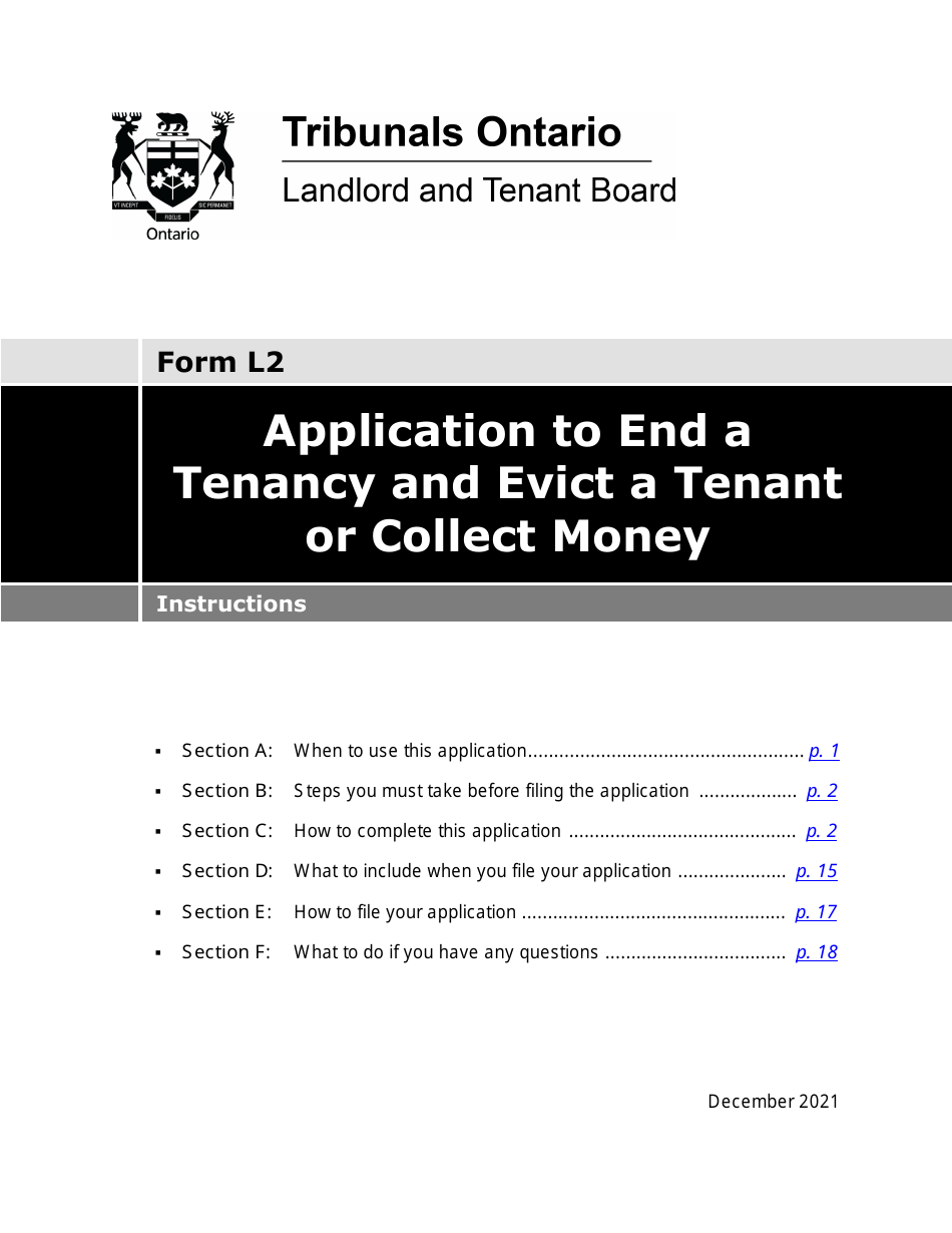 Instructions for Form L2 Application to End a Tenancy and Evict a Tenant or Collect Money - Ontario, Canada, Page 1