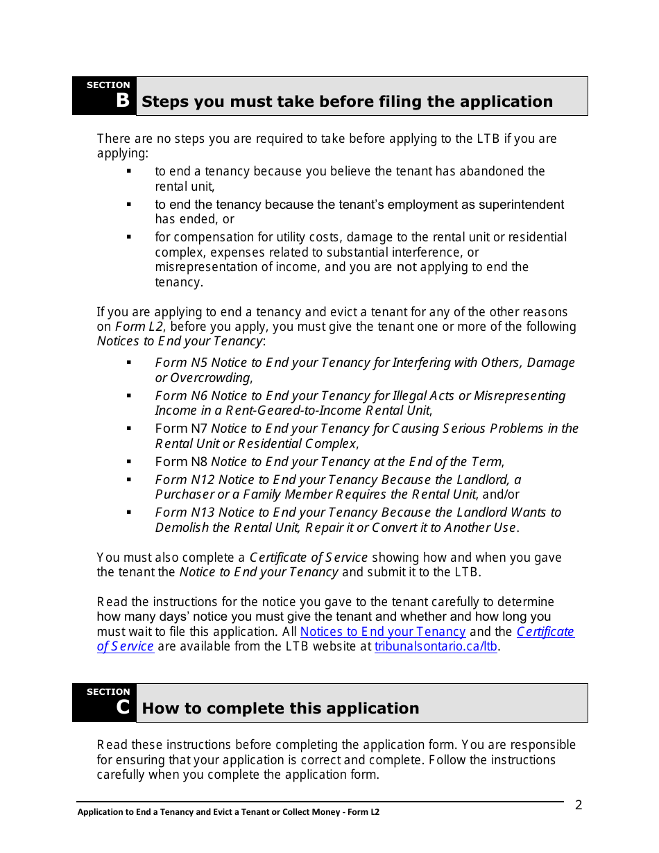 Instructions for Form L2 Application to End a Tenancy and Evict a Tenant or Collect Money - Ontario, Canada, Page 3