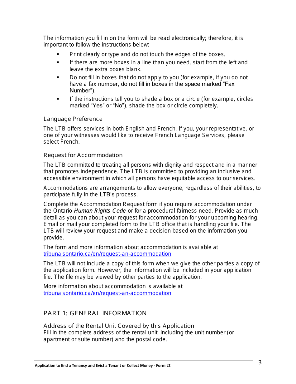 Instructions for Form L2 Application to End a Tenancy and Evict a Tenant or Collect Money - Ontario, Canada, Page 4