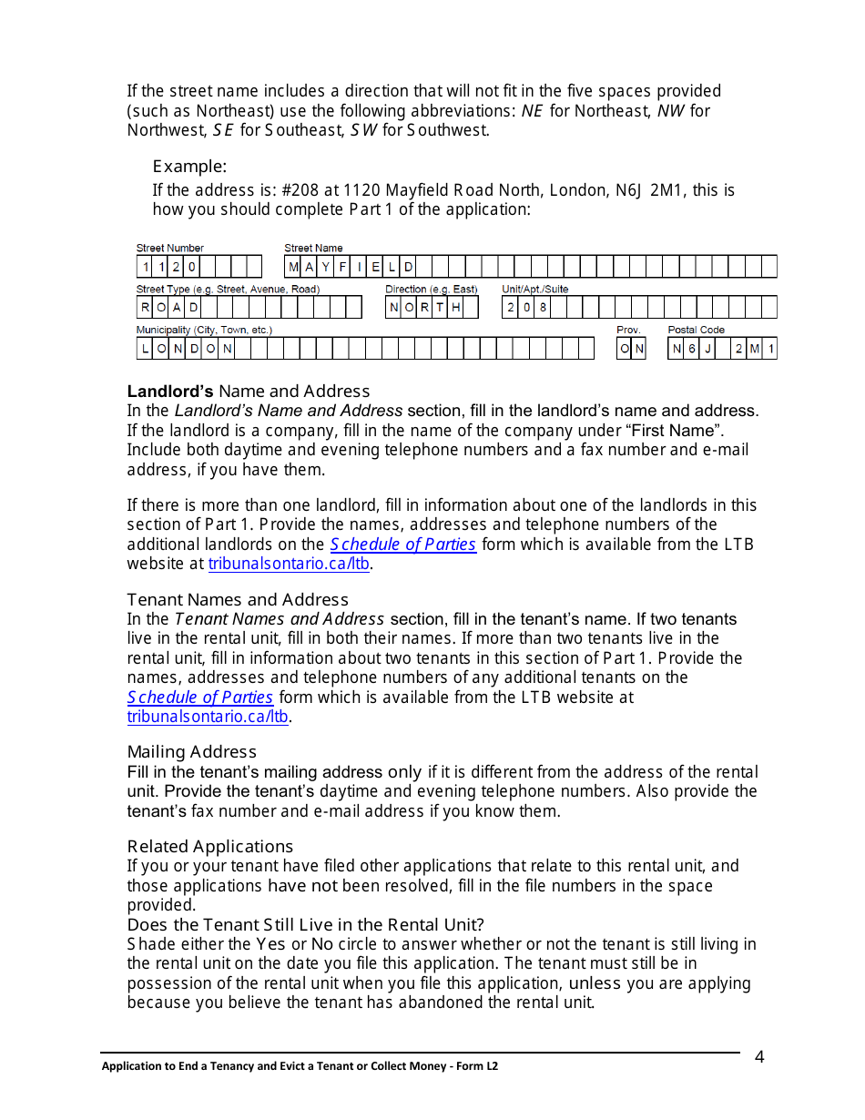 Instructions for Form L2 Application to End a Tenancy and Evict a Tenant or Collect Money - Ontario, Canada, Page 5