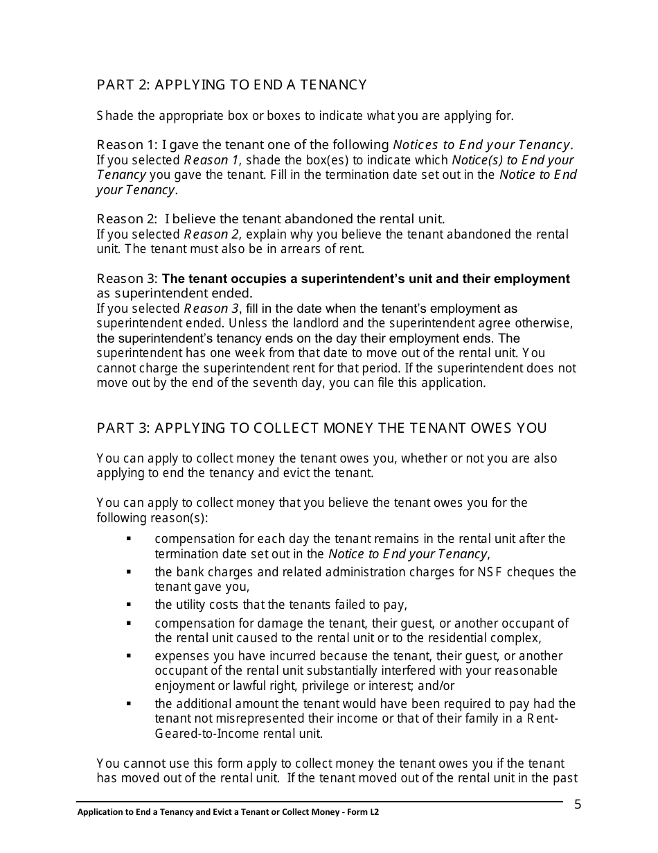 Instructions for Form L2 Application to End a Tenancy and Evict a Tenant or Collect Money - Ontario, Canada, Page 6