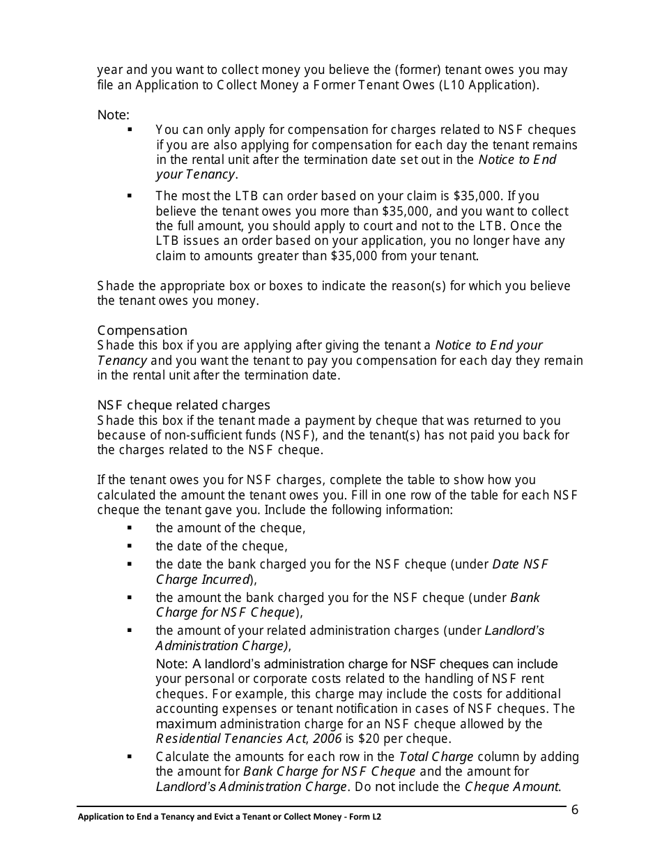 Instructions for Form L2 Application to End a Tenancy and Evict a Tenant or Collect Money - Ontario, Canada, Page 7