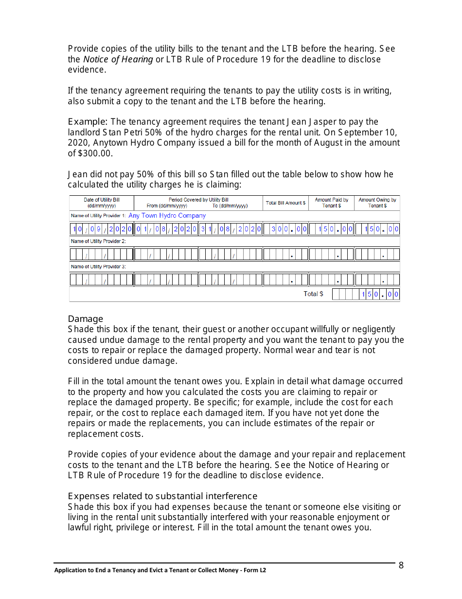 Instructions for Form L2 Application to End a Tenancy and Evict a Tenant or Collect Money - Ontario, Canada, Page 9