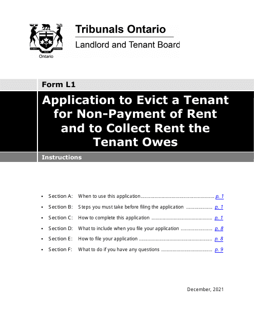 Instructions for Form L1 Application to Evict a Tenant for Non-payment of Rent and to Collect Rent the Tenant Owes - Ontario, Canada