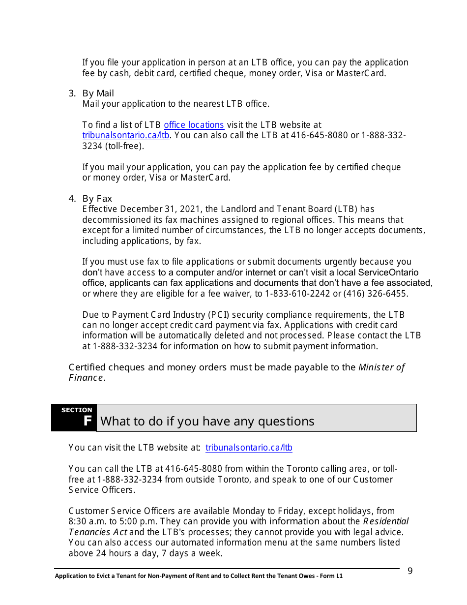 Instructions for Form L1 Application to Evict a Tenant for Non-payment of Rent and to Collect Rent the Tenant Owes - Ontario, Canada, Page 10