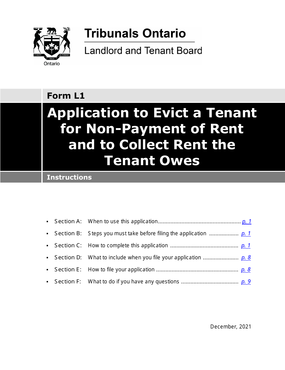 Instructions for Form L1 Application to Evict a Tenant for Non-payment of Rent and to Collect Rent the Tenant Owes - Ontario, Canada, Page 1