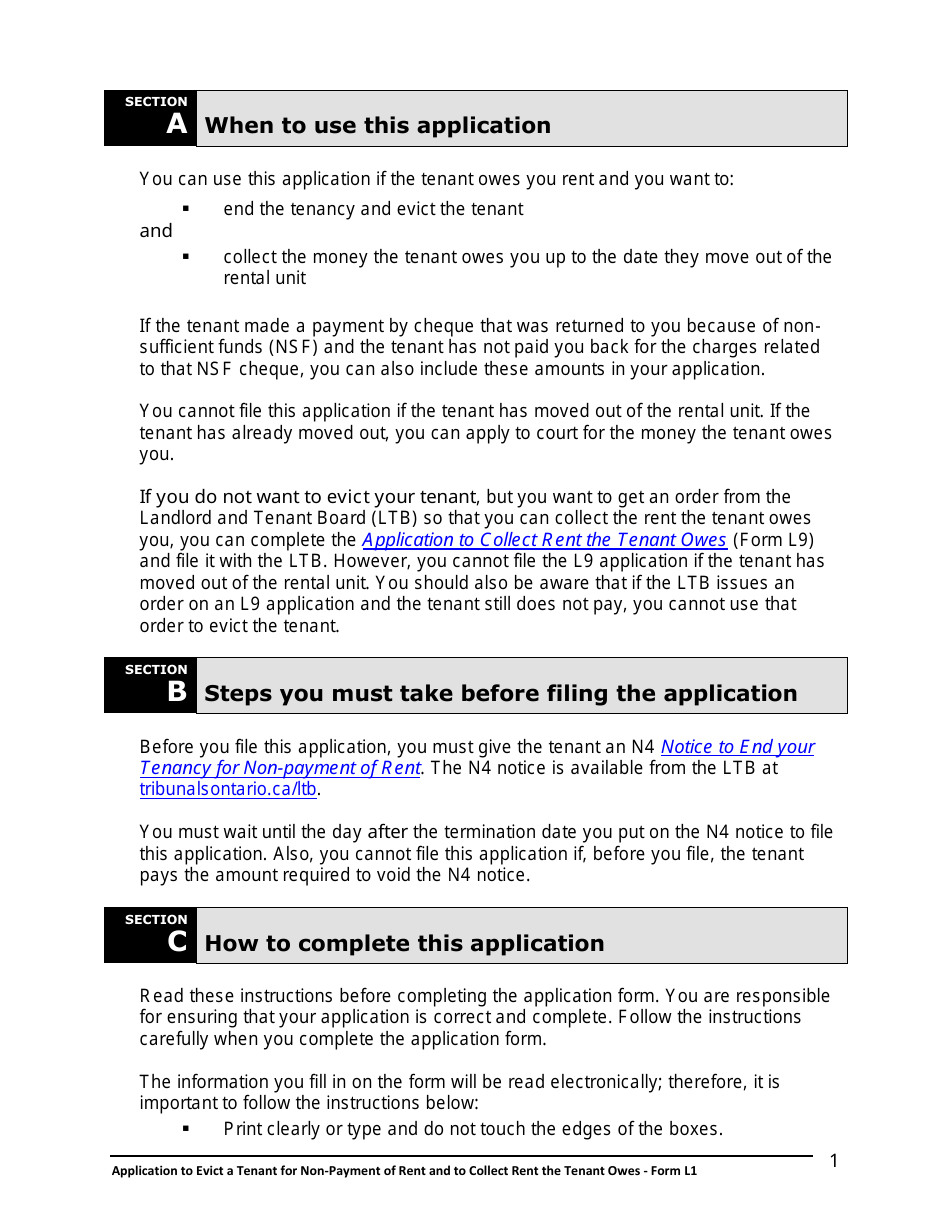 Instructions for Form L1 Application to Evict a Tenant for Non-payment of Rent and to Collect Rent the Tenant Owes - Ontario, Canada, Page 2