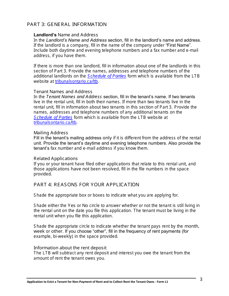 Instructions for Form L1 Application to Evict a Tenant for Non-payment of Rent and to Collect Rent the Tenant Owes - Ontario, Canada, Page 4