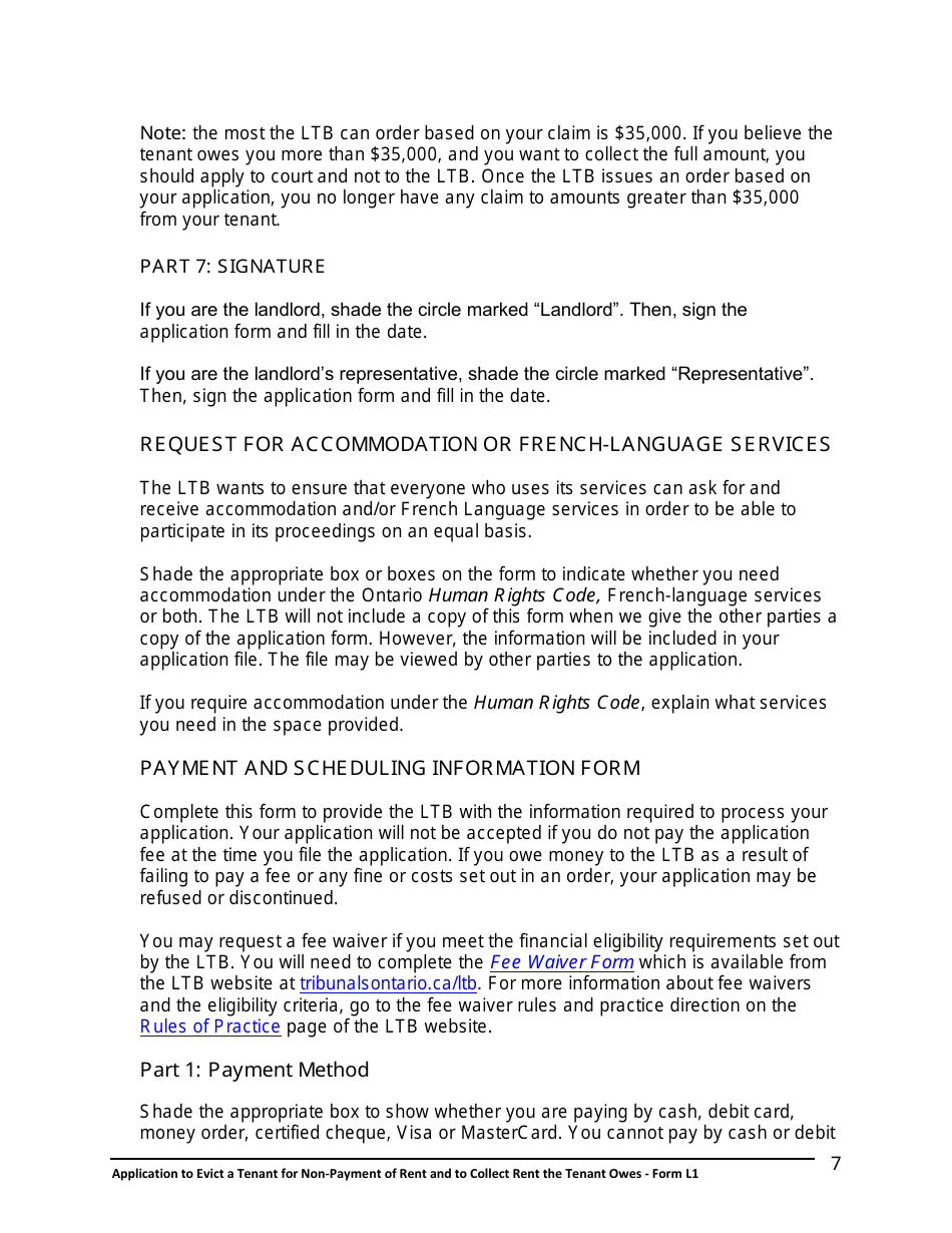 Instructions for Form L1 Application to Evict a Tenant for Non-payment of Rent and to Collect Rent the Tenant Owes - Ontario, Canada, Page 8