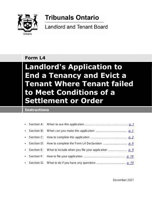 Instructions for Form L4 Landlord's Application to End a Tenancy and Evict a Tenant Where Tenant Failed to Meet Conditions of a Settlement or Order - Ontario, Canada