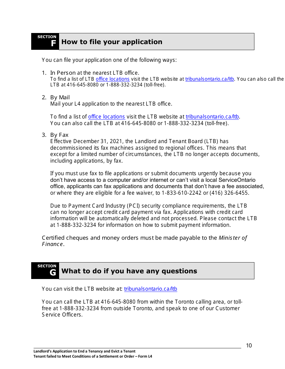 Instructions for Form L4 Landlords Application to End a Tenancy and Evict a Tenant Where Tenant Failed to Meet Conditions of a Settlement or Order - Ontario, Canada, Page 11