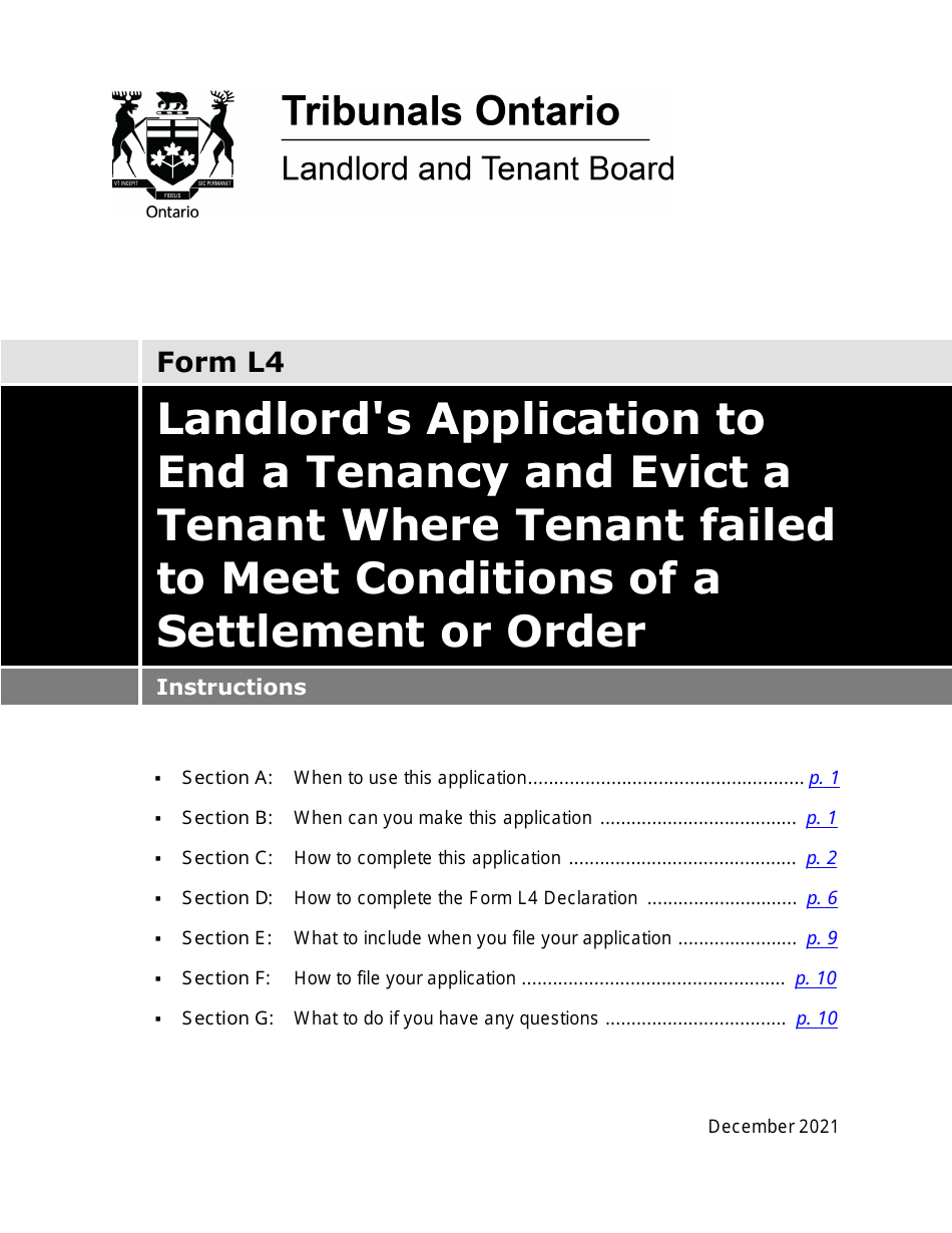 Instructions for Form L4 Landlords Application to End a Tenancy and Evict a Tenant Where Tenant Failed to Meet Conditions of a Settlement or Order - Ontario, Canada, Page 1