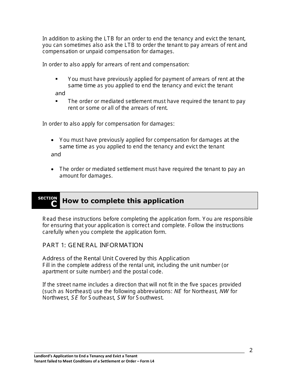 Instructions for Form L4 Landlords Application to End a Tenancy and Evict a Tenant Where Tenant Failed to Meet Conditions of a Settlement or Order - Ontario, Canada, Page 3