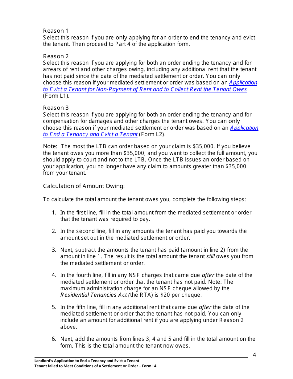 Instructions for Form L4 Landlords Application to End a Tenancy and Evict a Tenant Where Tenant Failed to Meet Conditions of a Settlement or Order - Ontario, Canada, Page 5