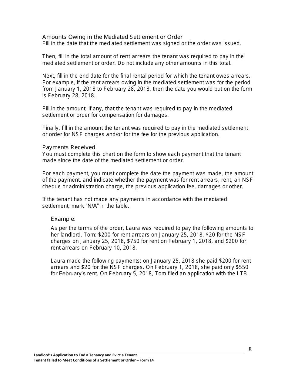Instructions for Form L4 Landlords Application to End a Tenancy and Evict a Tenant Where Tenant Failed to Meet Conditions of a Settlement or Order - Ontario, Canada, Page 9