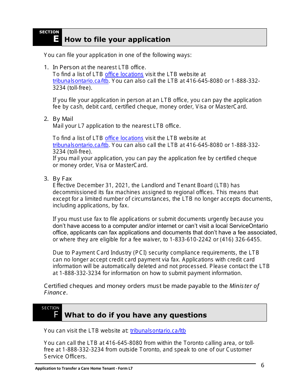 Instructions for Form L7 Application to Transfer a Care Home Tenant - Ontario, Canada, Page 7