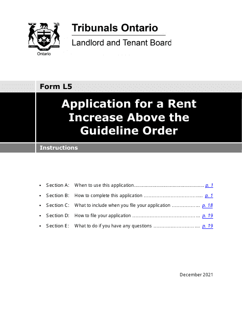 Instructions for Form L5 Application for a Rent Increase Above the Guideline Order - Ontario, Canada