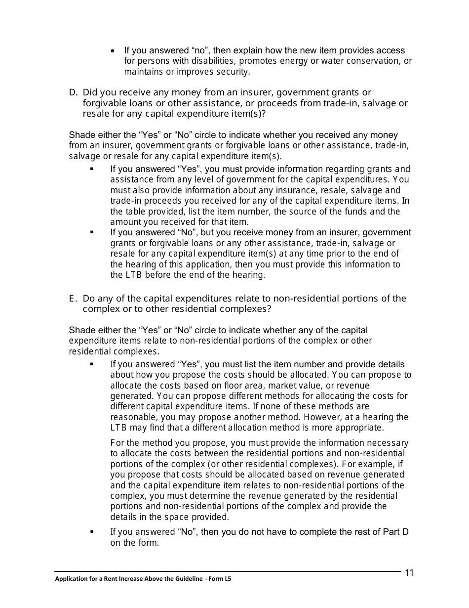 Instructions for Form L5 Application for a Rent Increase Above the Guideline Order - Ontario, Canada, Page 12