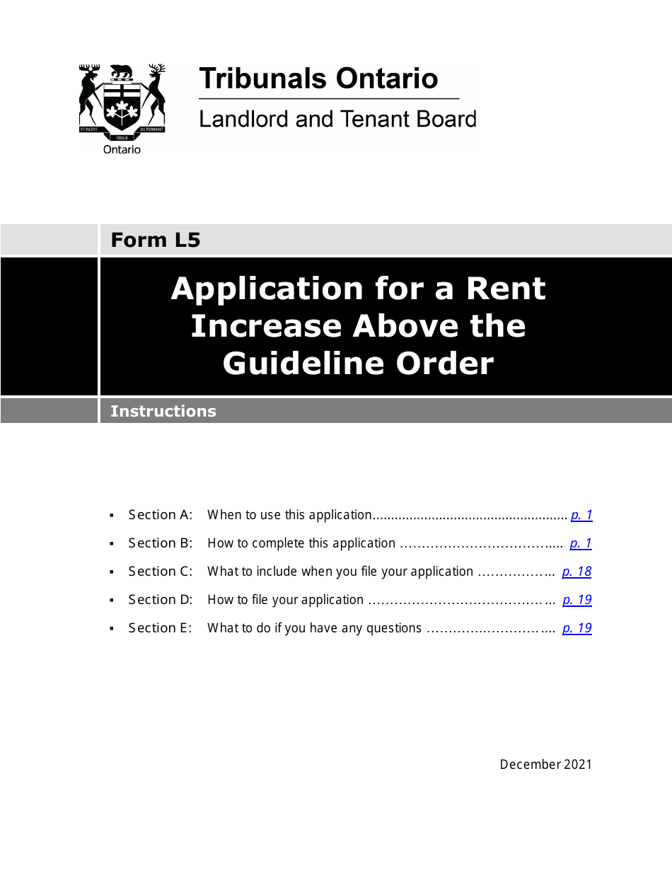 Instructions for Form L5 Application for a Rent Increase Above the Guideline Order - Ontario, Canada, Page 1