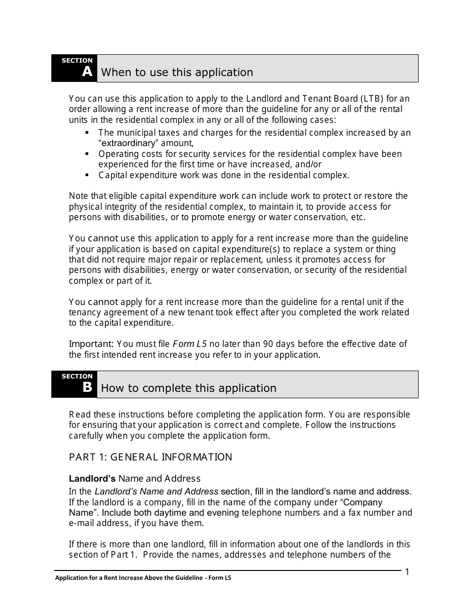 Instructions for Form L5 Application for a Rent Increase Above the Guideline Order - Ontario, Canada, Page 2