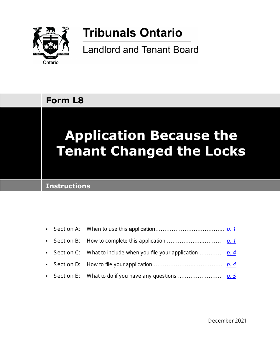 Instructions for Form L8 Application Because the Tenant Changed the Locks - Ontario, Canada, Page 1