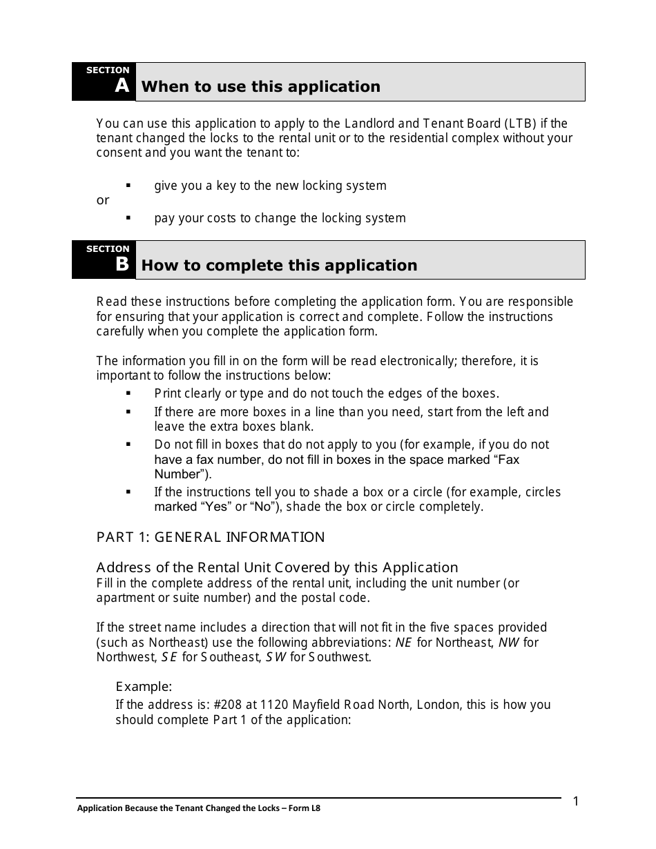 Instructions for Form L8 Application Because the Tenant Changed the Locks - Ontario, Canada, Page 2