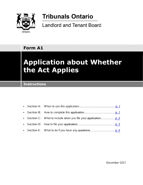Instructions for Form A1 Application About Whether the Act Applies - Ontario, Canada