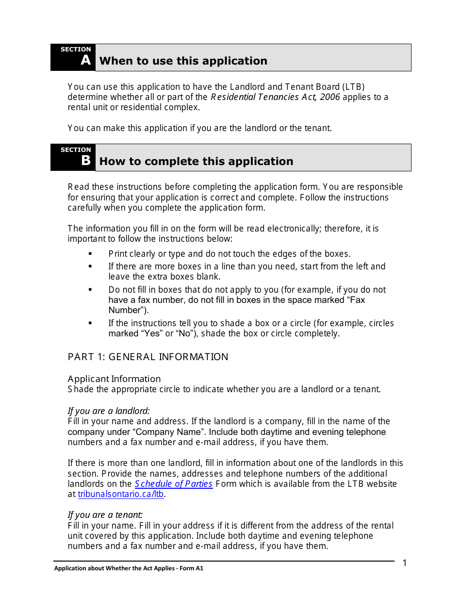 Instructions for Form A1 Application About Whether the Act Applies - Ontario, Canada, Page 2