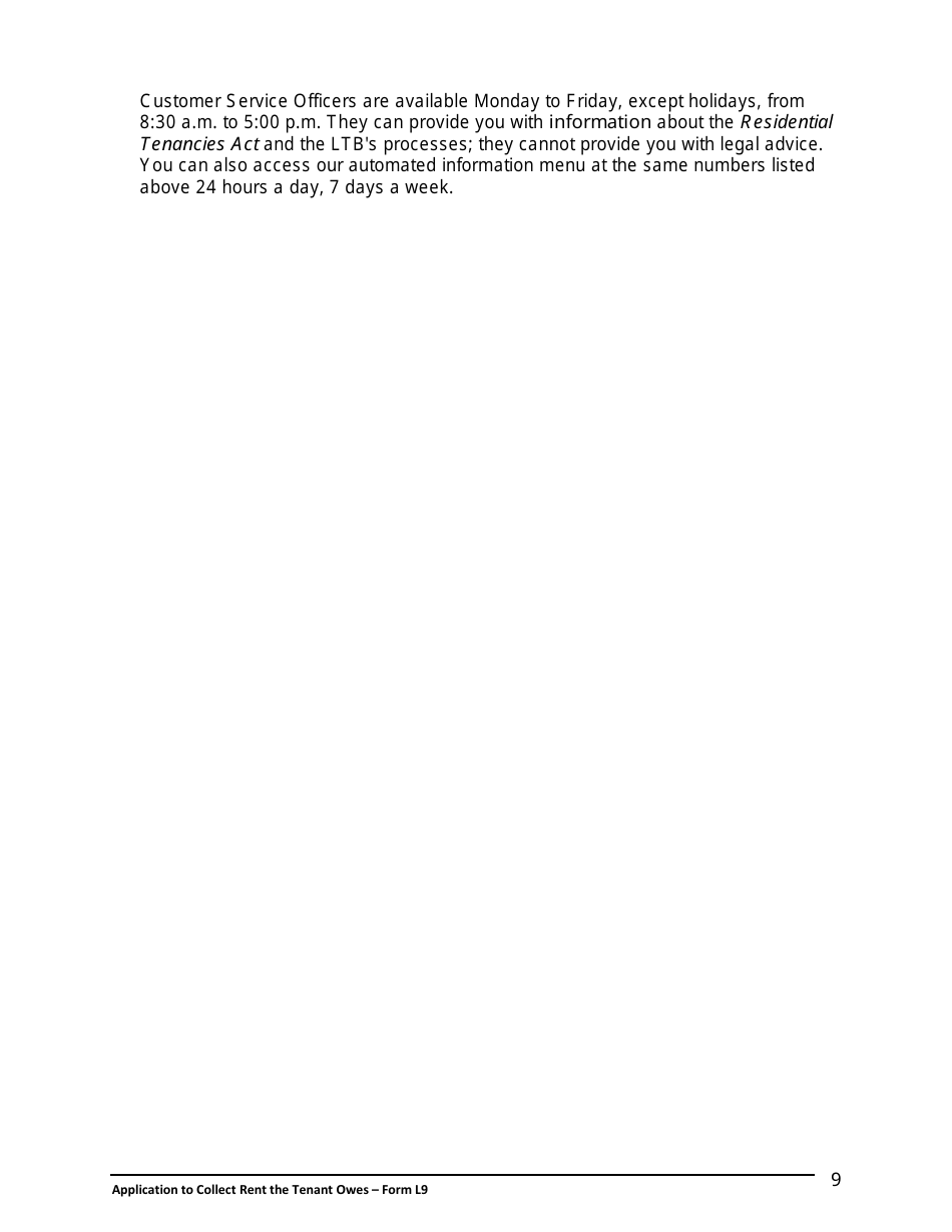 Instructions for Form L9 Application to Collect Rent the Tenant Owes - Ontario, Canada, Page 10