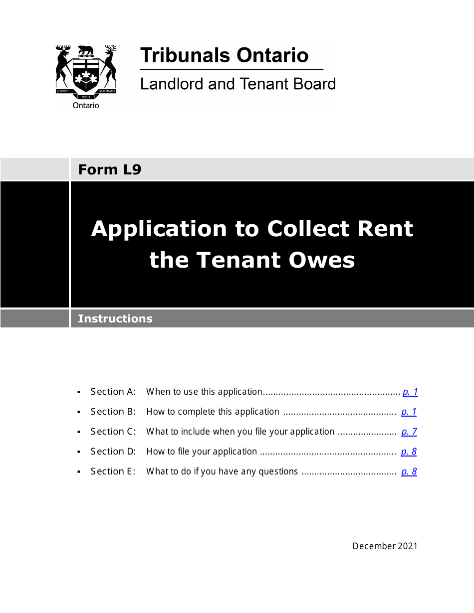 Instructions for Form L9 Application to Collect Rent the Tenant Owes - Ontario, Canada, Page 1