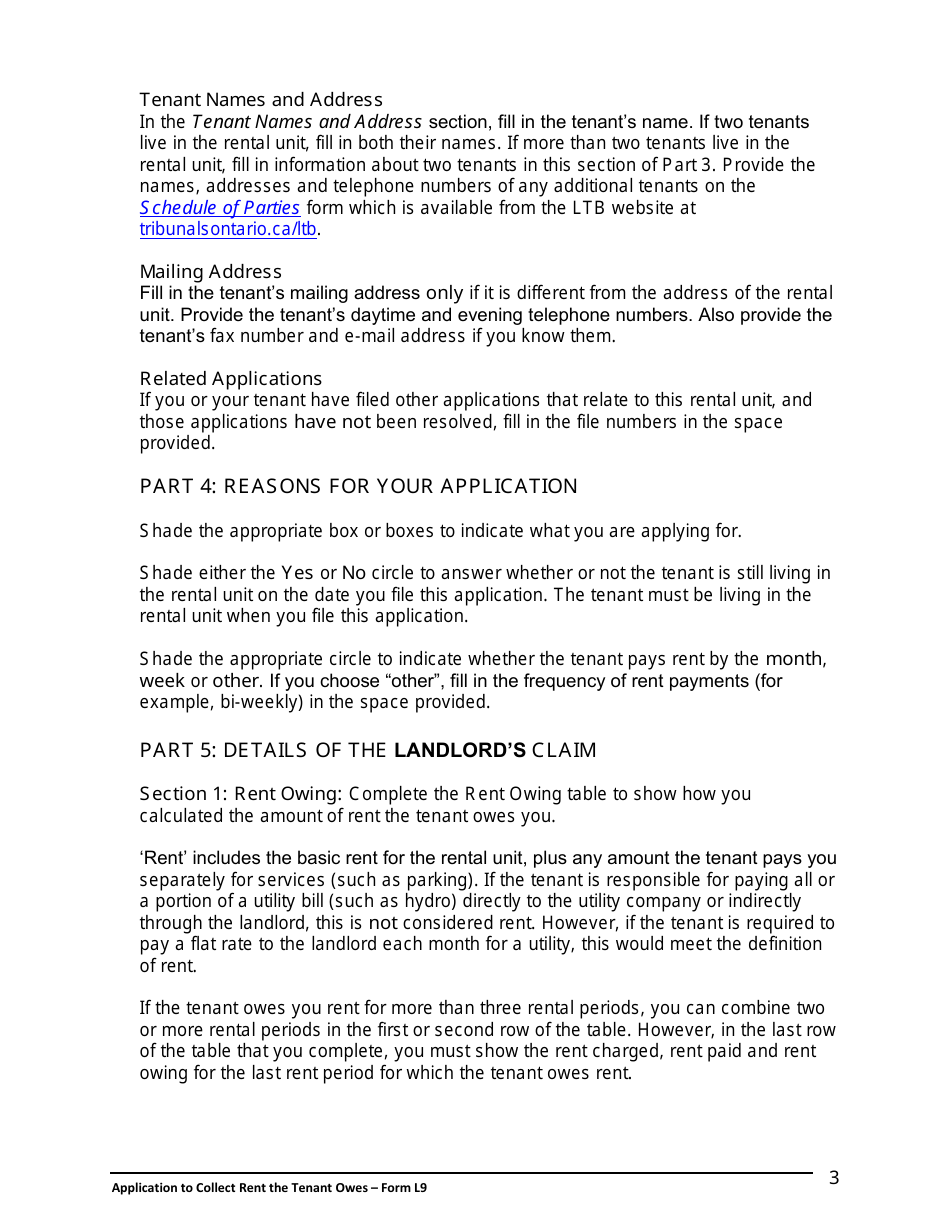 Instructions for Form L9 Application to Collect Rent the Tenant Owes - Ontario, Canada, Page 4