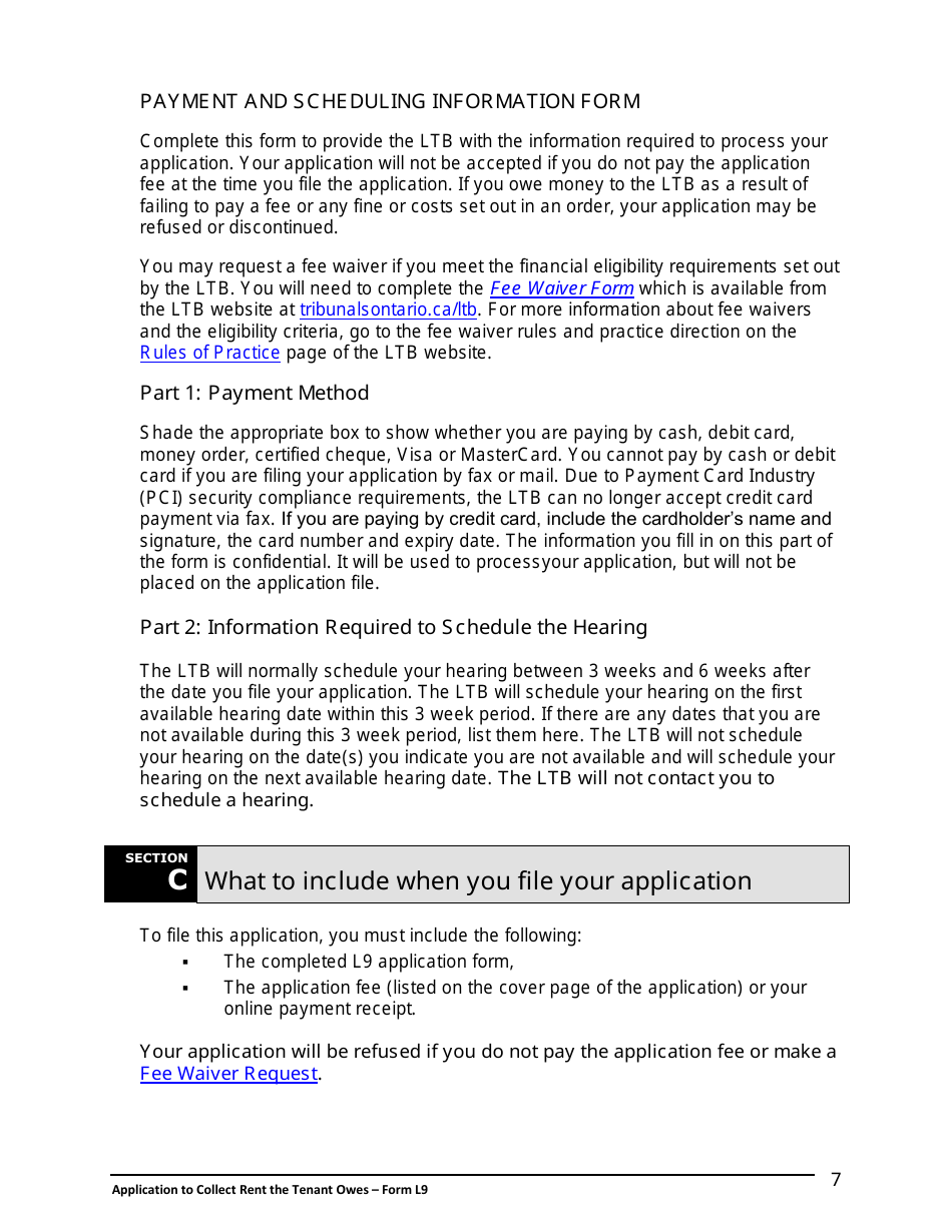 Instructions for Form L9 Application to Collect Rent the Tenant Owes - Ontario, Canada, Page 8