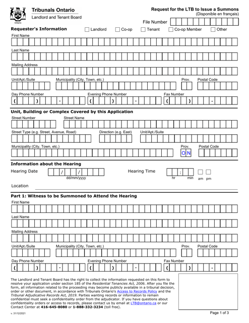 Request for the Ltb to Issue a Summons - Ontario, Canada Download Pdf