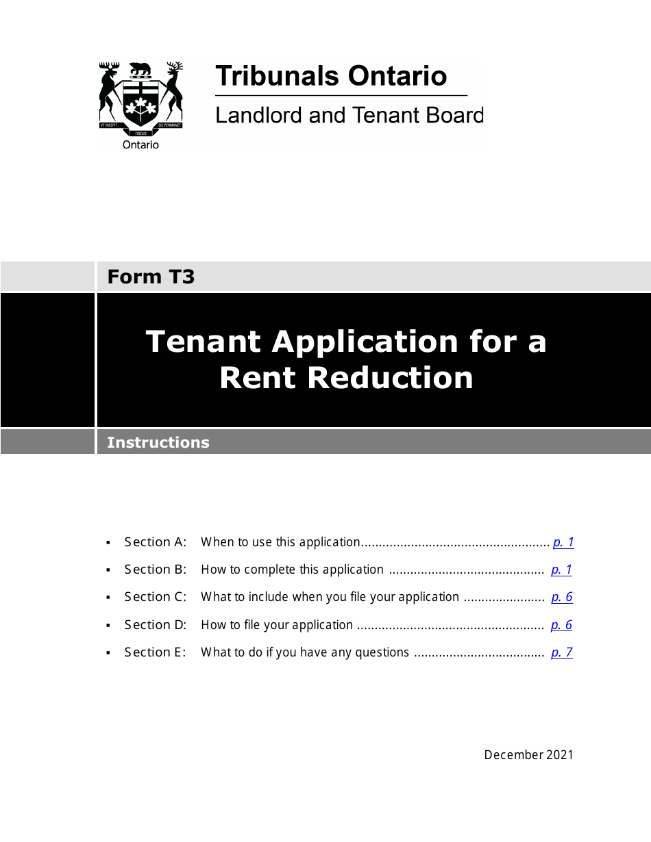 Instructions for Form T3 Tenant Application for a Rent Reduction - Ontario, Canada, Page 1