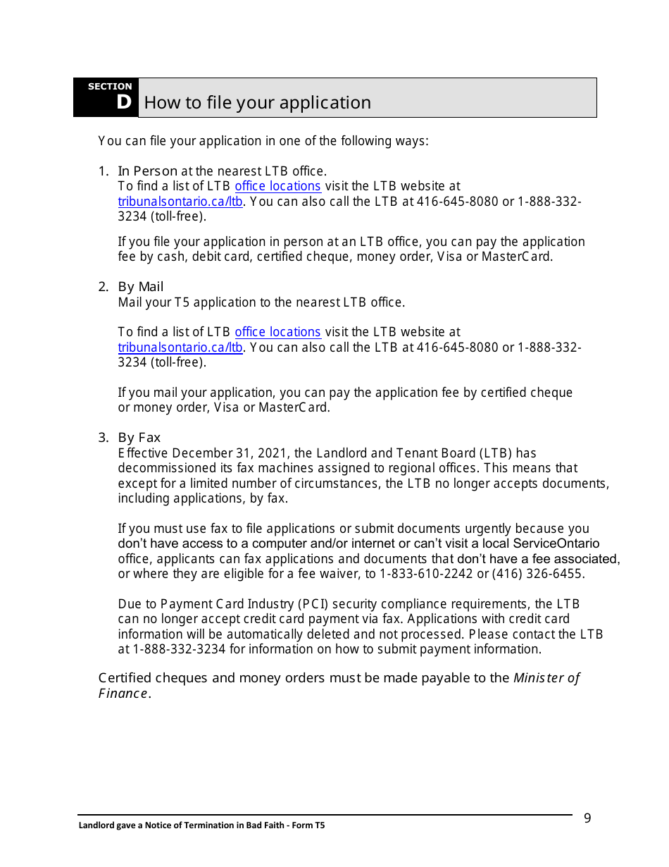 Instructions for Form T5 Landlord Gave a Notice of Termination in Bad Faith - Ontario, Canada, Page 10