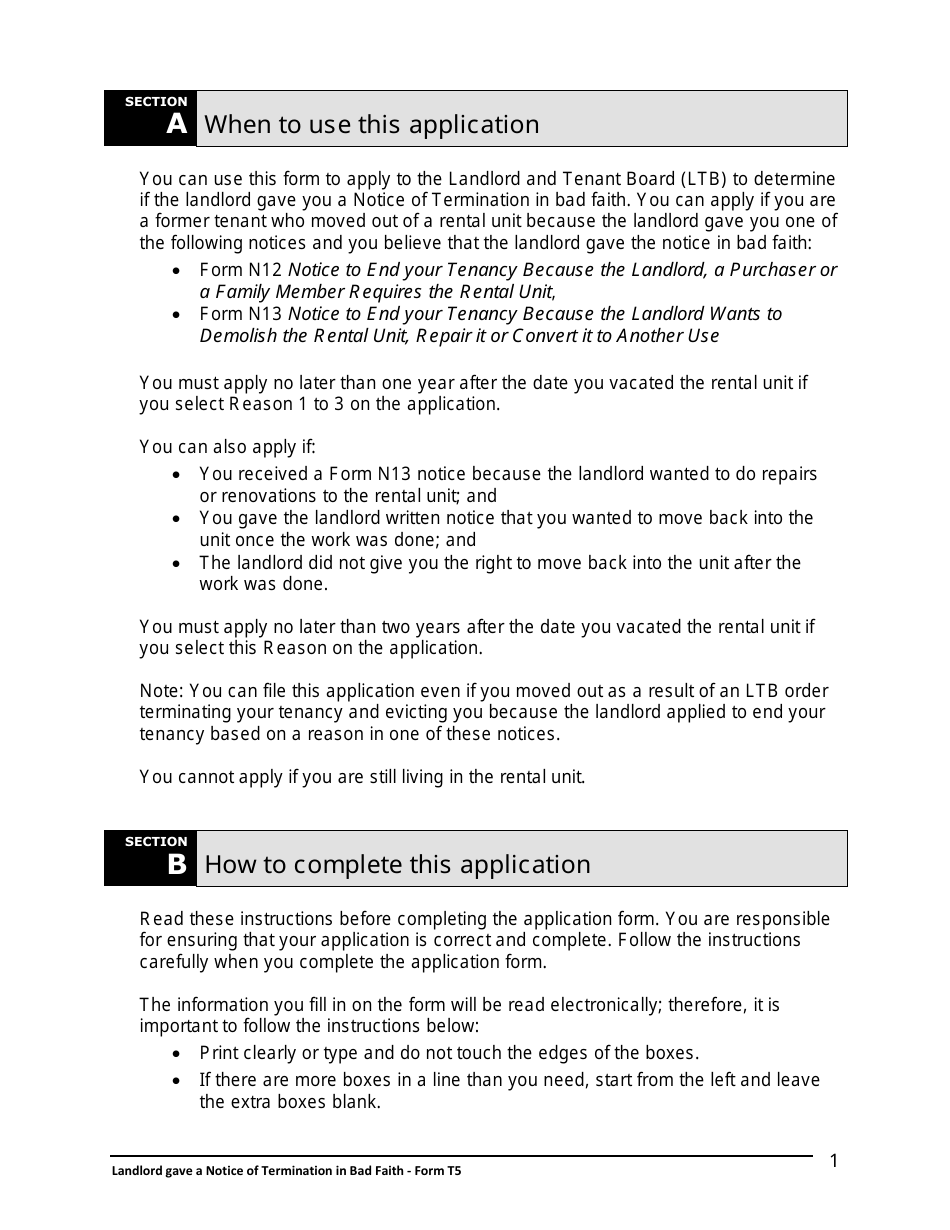 Instructions for Form T5 Landlord Gave a Notice of Termination in Bad Faith - Ontario, Canada, Page 2