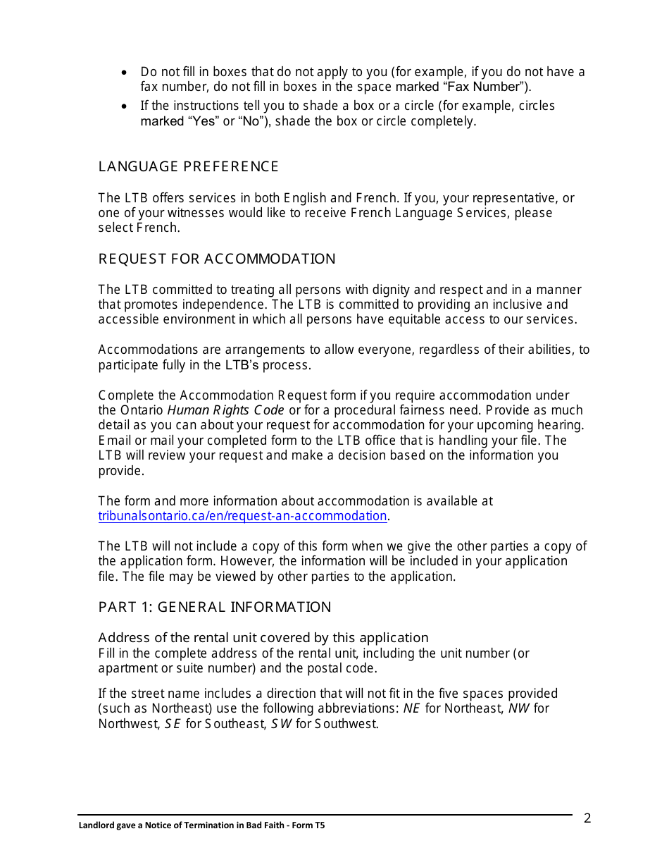 Instructions for Form T5 Landlord Gave a Notice of Termination in Bad Faith - Ontario, Canada, Page 3