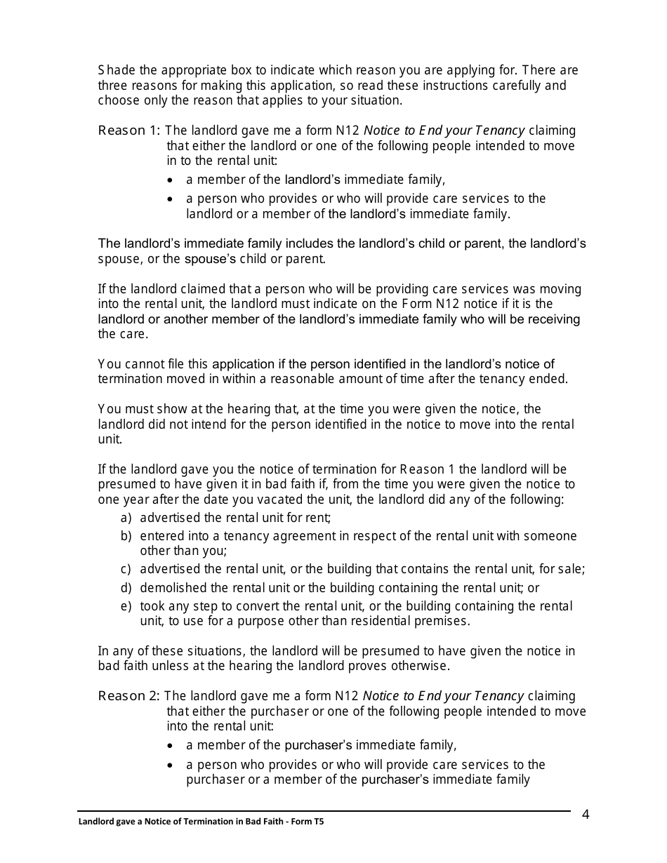 Instructions for Form T5 Landlord Gave a Notice of Termination in Bad Faith - Ontario, Canada, Page 5