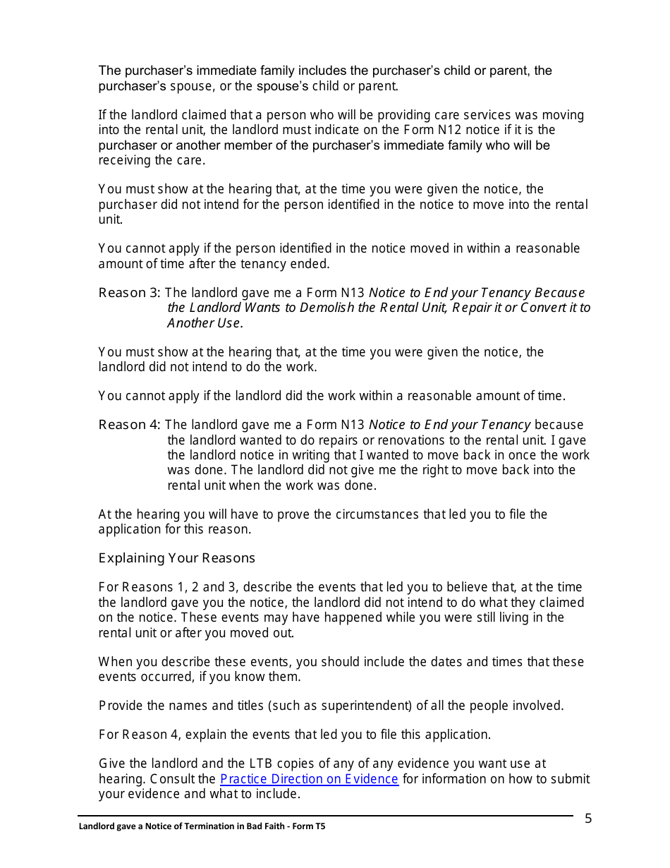 Instructions for Form T5 Landlord Gave a Notice of Termination in Bad Faith - Ontario, Canada, Page 6