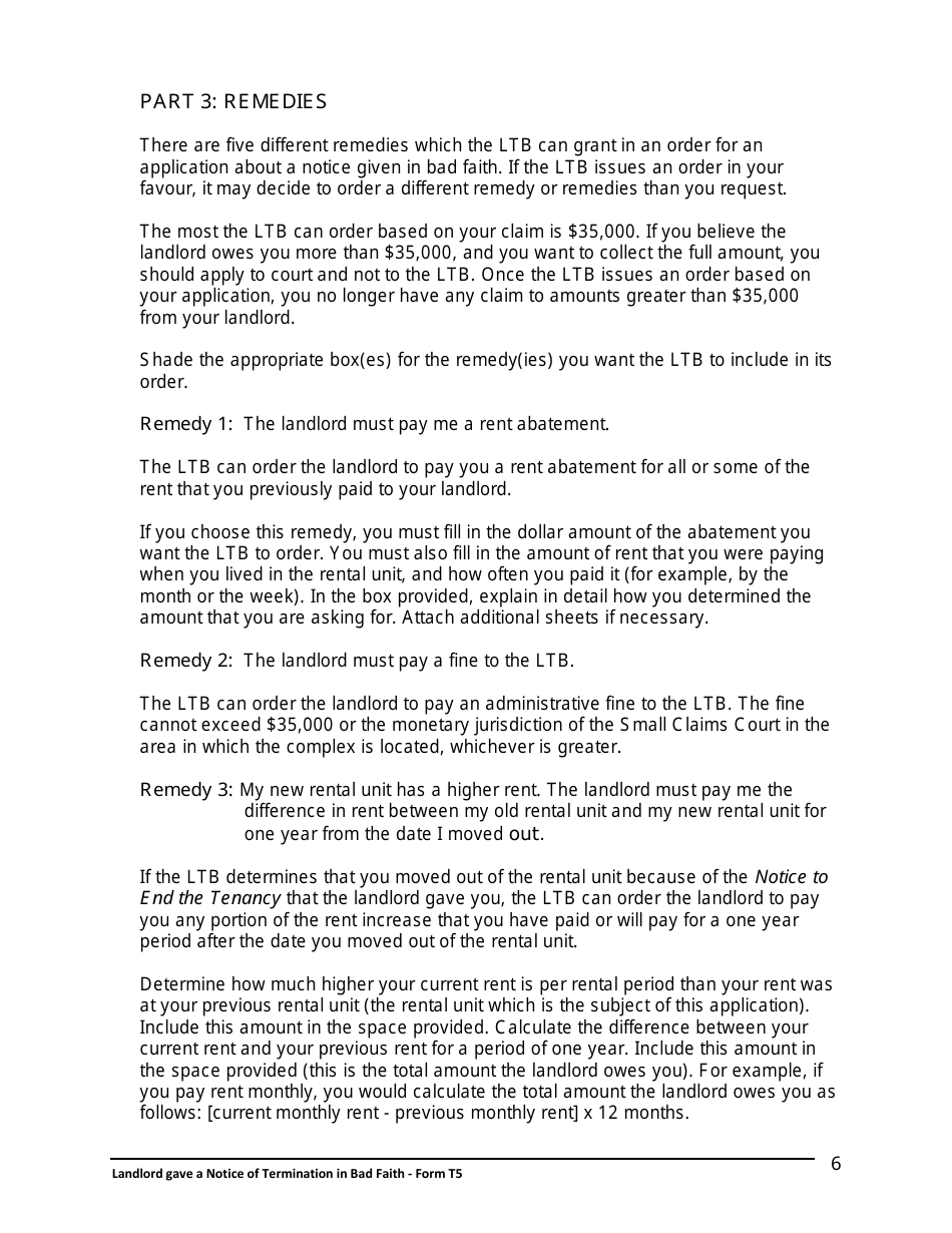 Instructions for Form T5 Landlord Gave a Notice of Termination in Bad Faith - Ontario, Canada, Page 7