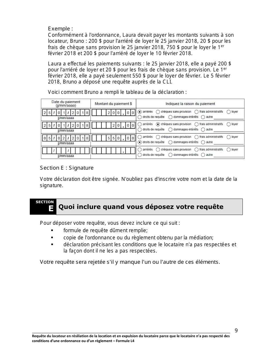 Instruction pour Forme L4 Requete Du Locateur En Resiliation De La Location Et En Expulsion Du Locataire Parce Que Le Locataire Na Pas Respecte DES Conditions Dune Ordonnance Ou Dun Reglement - Ontario, Canada (French), Page 10