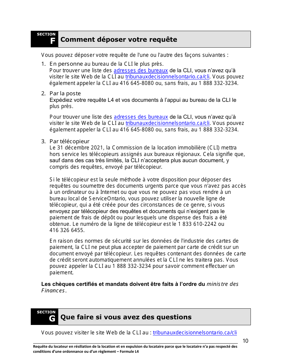 Instruction pour Forme L4 Requete Du Locateur En Resiliation De La Location Et En Expulsion Du Locataire Parce Que Le Locataire Na Pas Respecte DES Conditions Dune Ordonnance Ou Dun Reglement - Ontario, Canada (French), Page 11