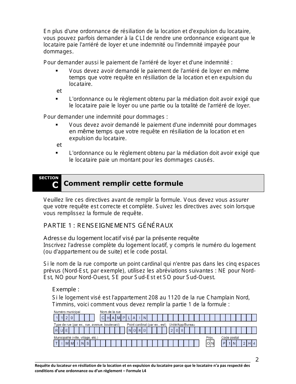 Instruction pour Forme L4 Requete Du Locateur En Resiliation De La Location Et En Expulsion Du Locataire Parce Que Le Locataire Na Pas Respecte DES Conditions Dune Ordonnance Ou Dun Reglement - Ontario, Canada (French), Page 3
