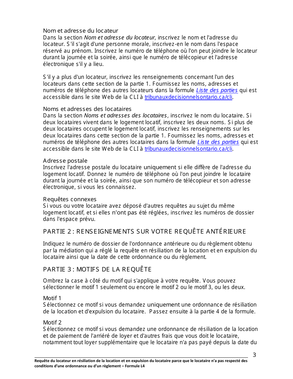 Instruction pour Forme L4 Requete Du Locateur En Resiliation De La Location Et En Expulsion Du Locataire Parce Que Le Locataire Na Pas Respecte DES Conditions Dune Ordonnance Ou Dun Reglement - Ontario, Canada (French), Page 4