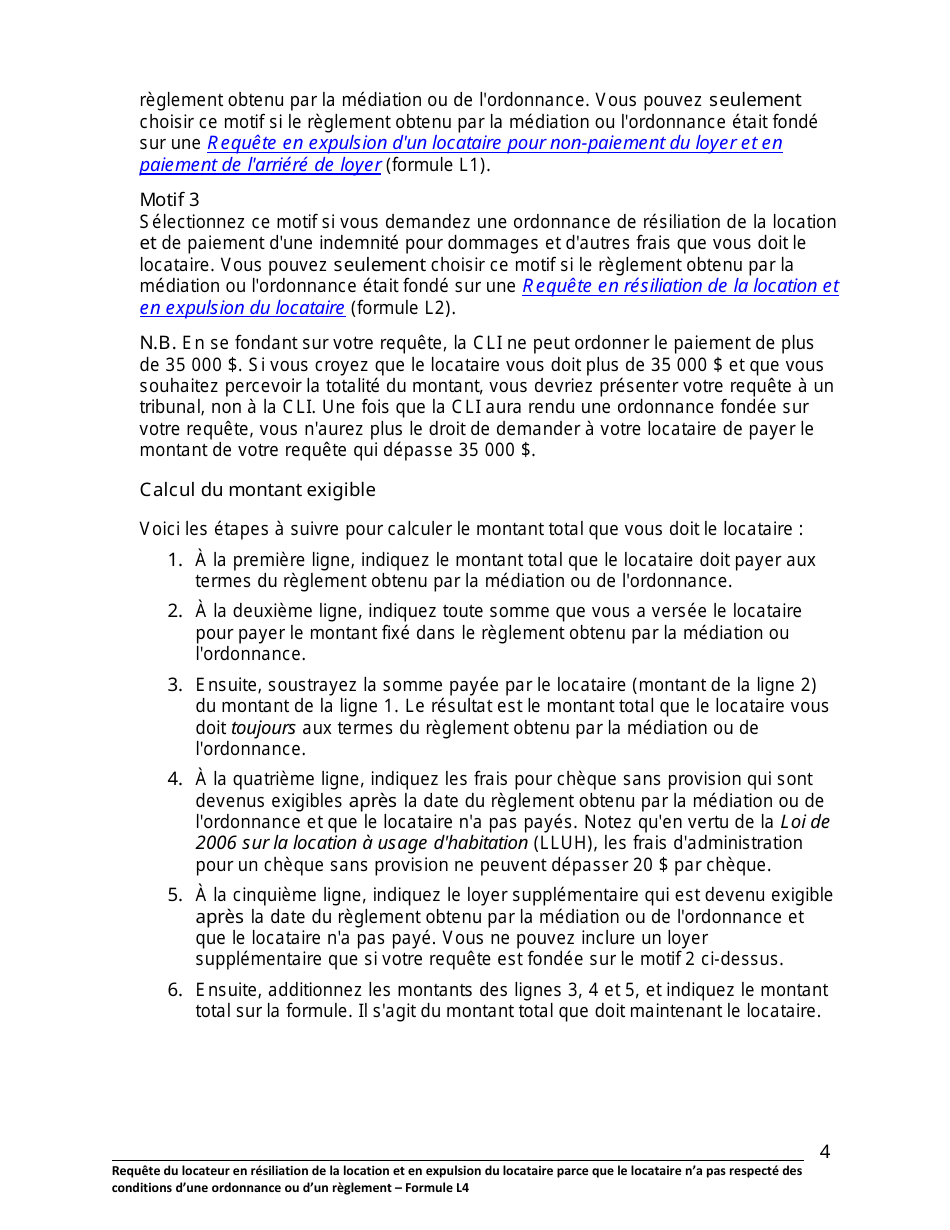Instruction pour Forme L4 Requete Du Locateur En Resiliation De La Location Et En Expulsion Du Locataire Parce Que Le Locataire Na Pas Respecte DES Conditions Dune Ordonnance Ou Dun Reglement - Ontario, Canada (French), Page 5