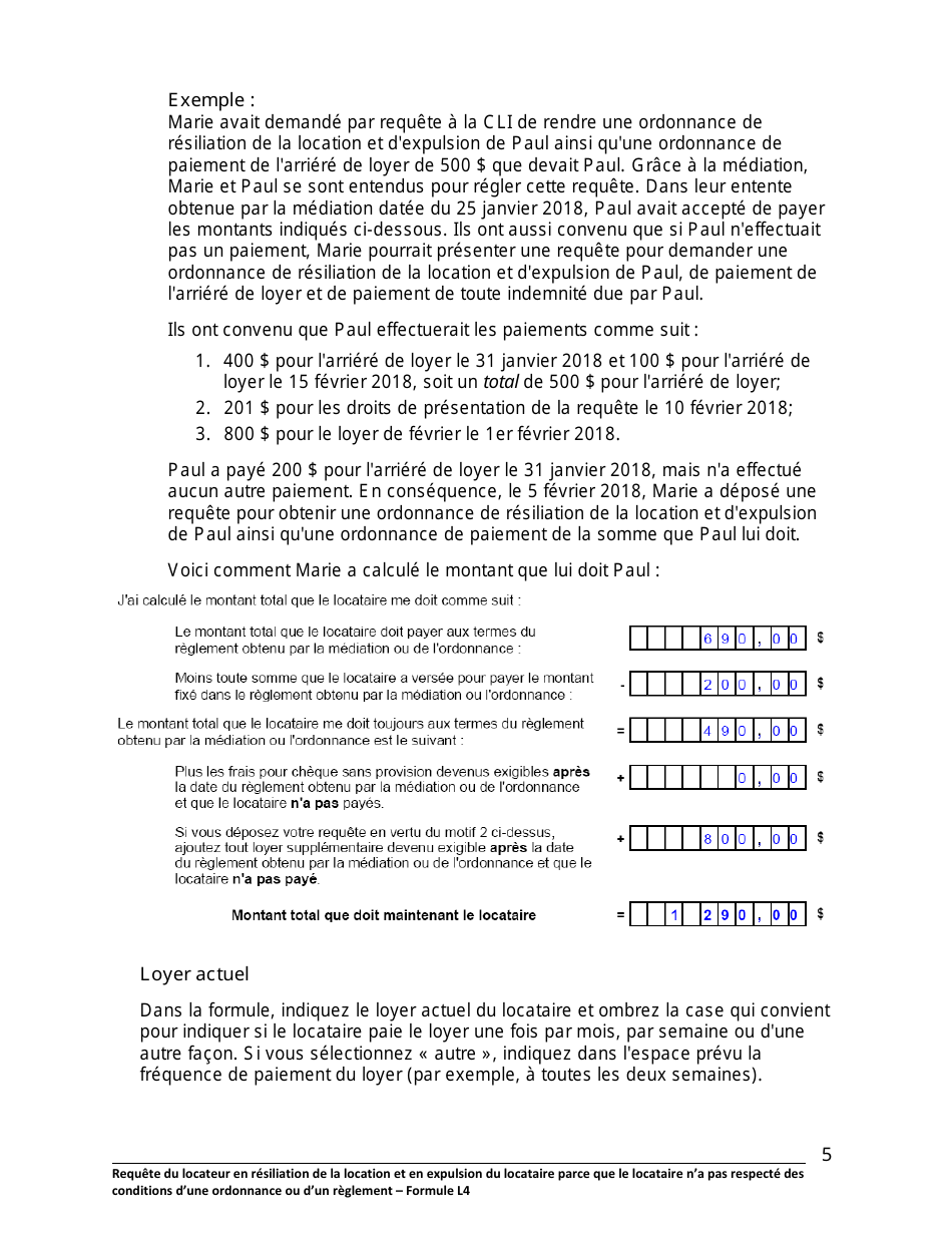 Instruction pour Forme L4 Requete Du Locateur En Resiliation De La Location Et En Expulsion Du Locataire Parce Que Le Locataire Na Pas Respecte DES Conditions Dune Ordonnance Ou Dun Reglement - Ontario, Canada (French), Page 6