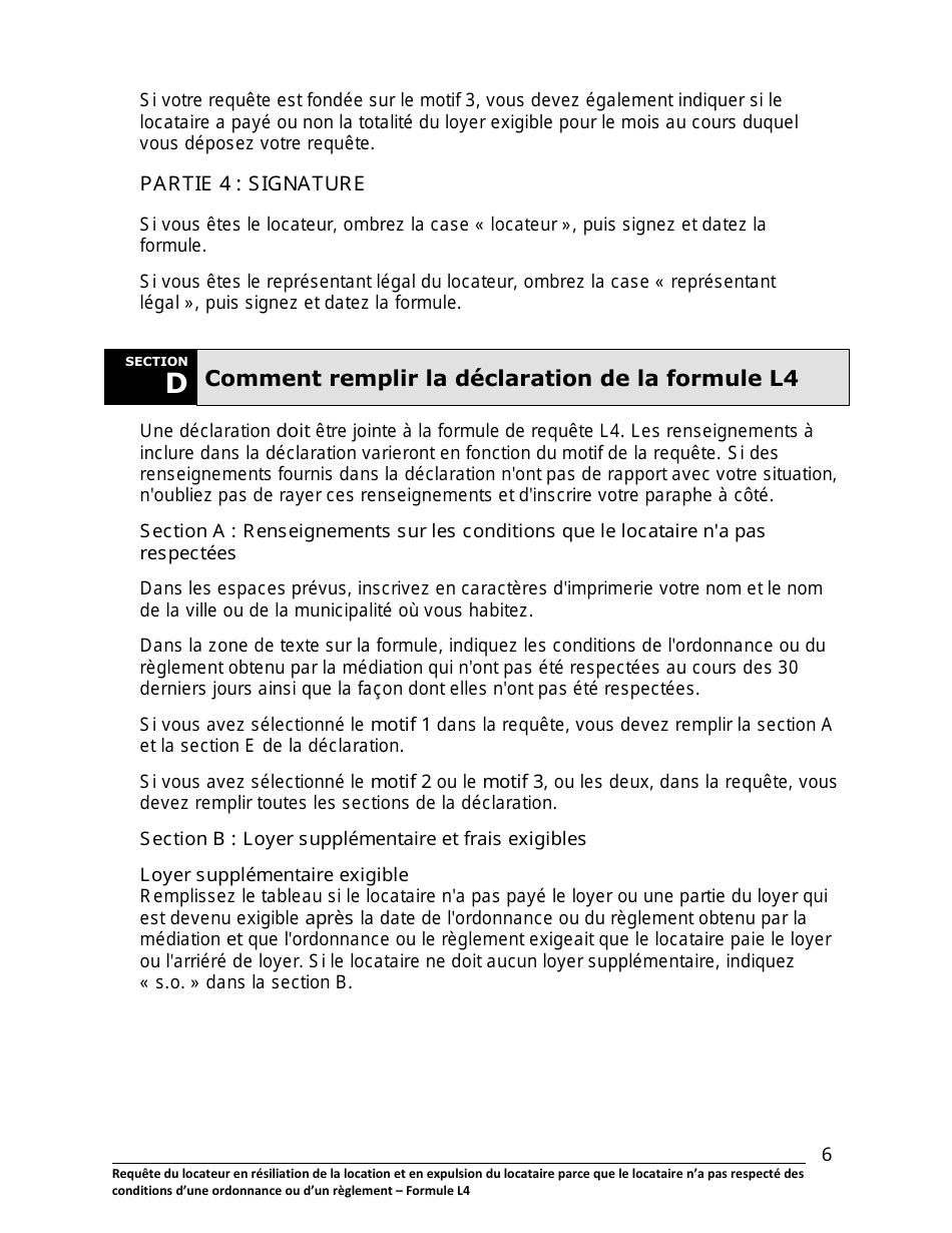 Instruction pour Forme L4 Requete Du Locateur En Resiliation De La Location Et En Expulsion Du Locataire Parce Que Le Locataire Na Pas Respecte DES Conditions Dune Ordonnance Ou Dun Reglement - Ontario, Canada (French), Page 7