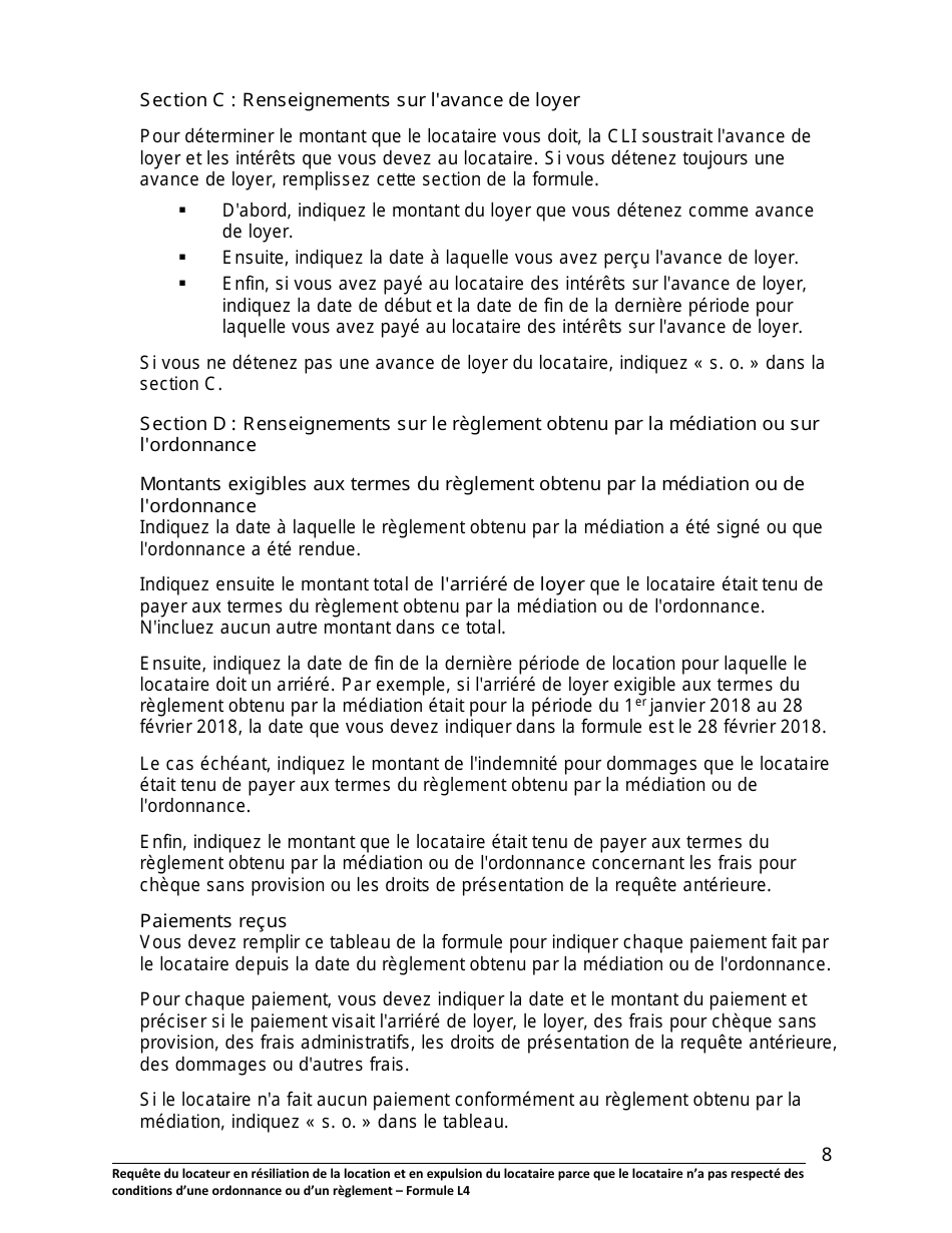 Instruction pour Forme L4 Requete Du Locateur En Resiliation De La Location Et En Expulsion Du Locataire Parce Que Le Locataire Na Pas Respecte DES Conditions Dune Ordonnance Ou Dun Reglement - Ontario, Canada (French), Page 9